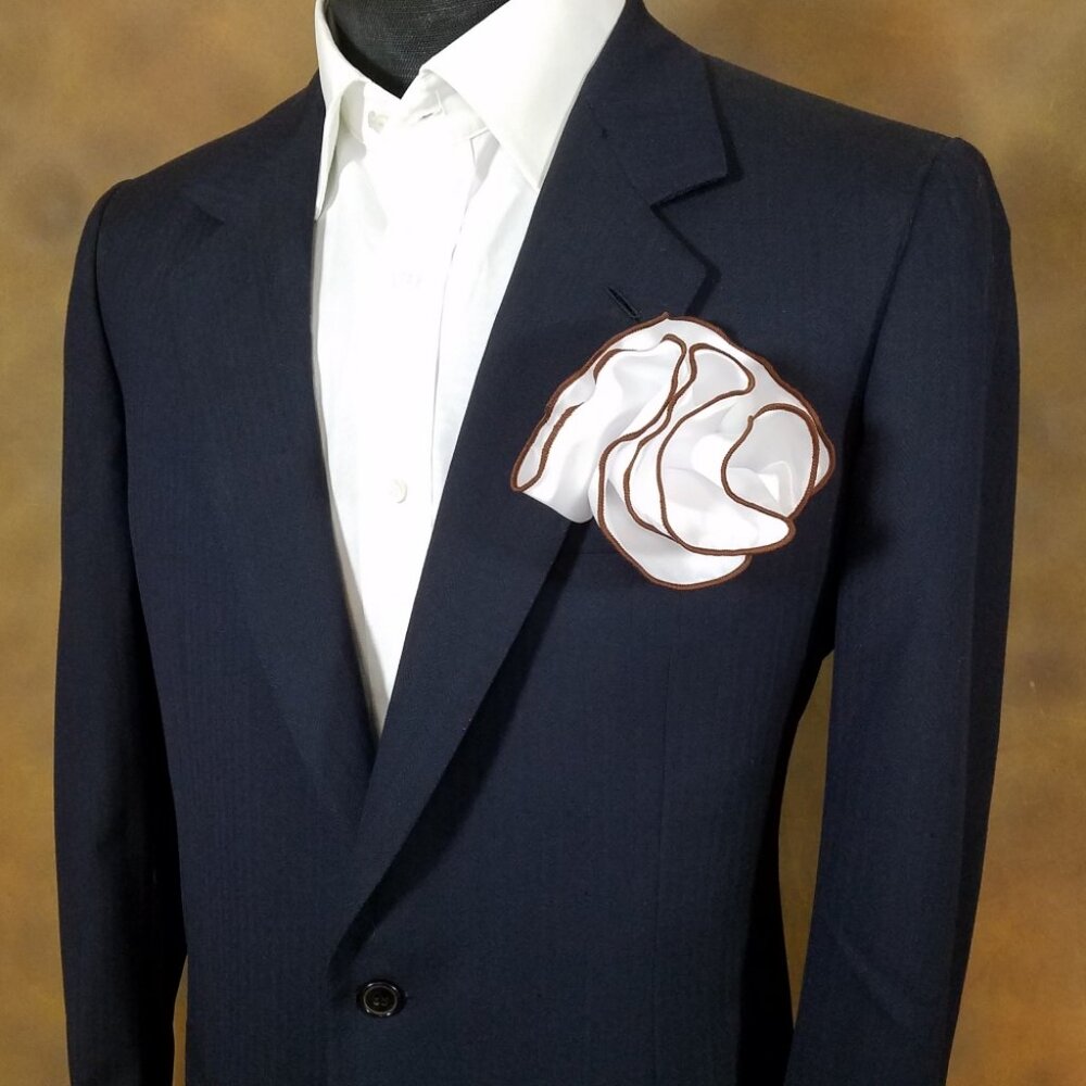 White Satin 2-in-1 Pouf Round Pocket Square with Brown Trim